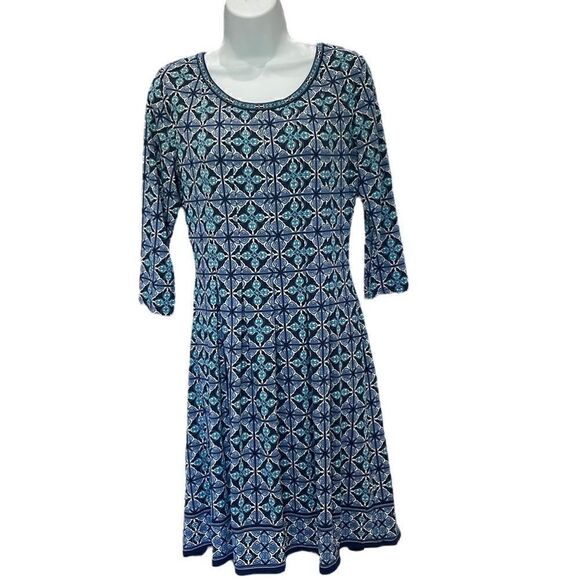 New! Jersey knit blue print A-line 3/4 sleeve pull over midi dress - Picture 14 of 16